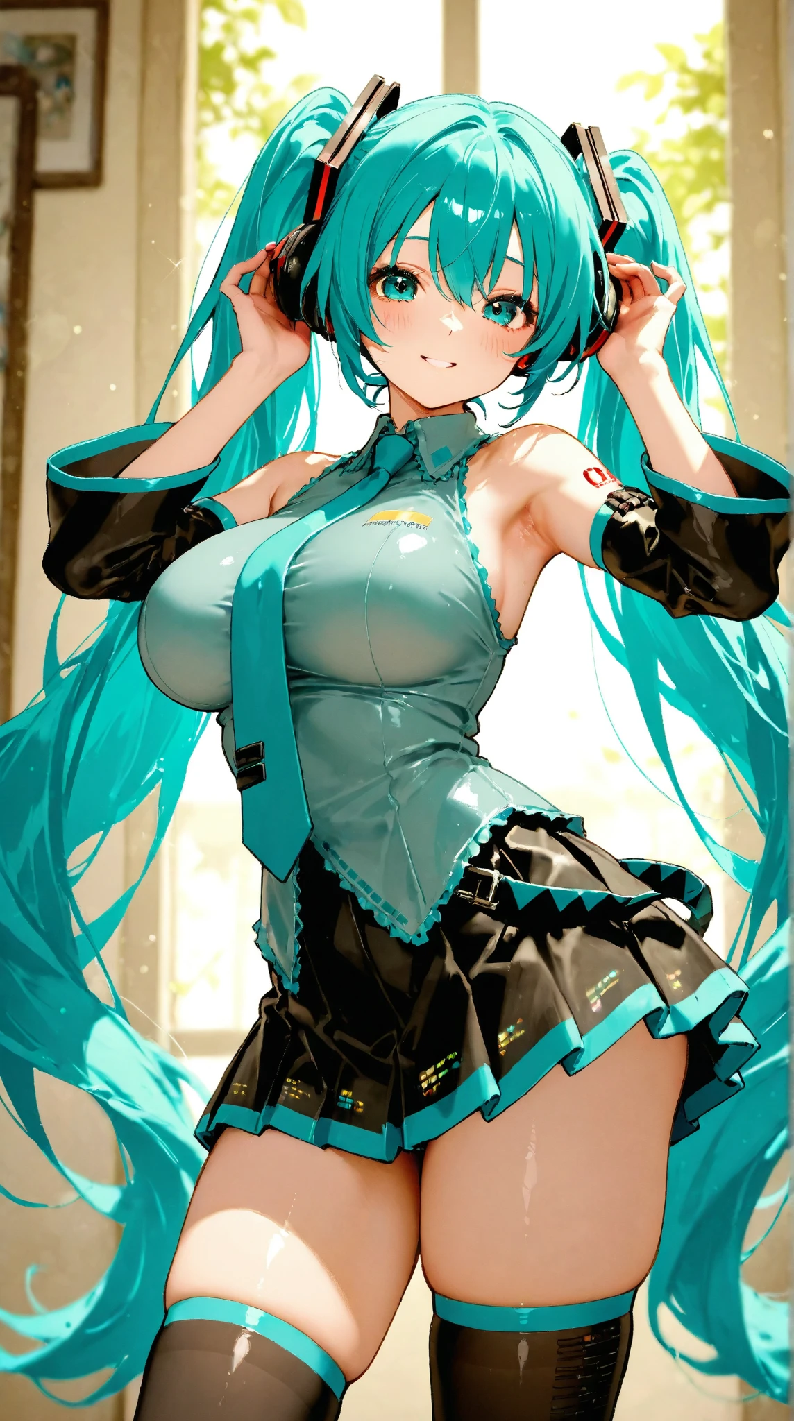 Hi res, masterpiece, 8k, nsfw, (Hatsune Miku | Virtual Singer), sexy curvy body, big breast, white latex micro bra, latex blue mini skirt, white fishnet stockings, blue high heels, smiling, sexual face, horny expression, on stage, squatt with legs open wide, night, stage illumination