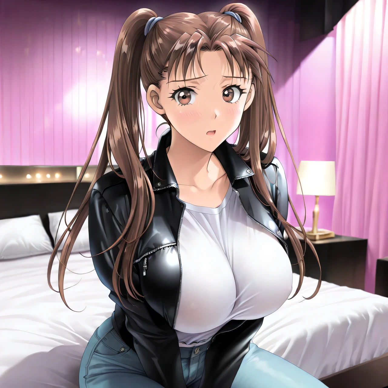 cinematic lighting,Moody Lighting,masterpiece, newest, lively, very aesthetic, high contrast,mature women who are rebellious to me,solo,((KanouRyouko, twintails, brown hair, long hair, brown eyes)),((black rider's jacket ,whiteTshirt, jeans)), ((Big Breasts:1.4)), (embarrassing,shy,open mouth),((sitting on big bed)),((Love Hotel,detailed background)),( is dazzling,Shine),Highest Quality, semi-realistic, kadoi aya style, Fullmetal Alchemist anime style, ((viewers)),upper body,