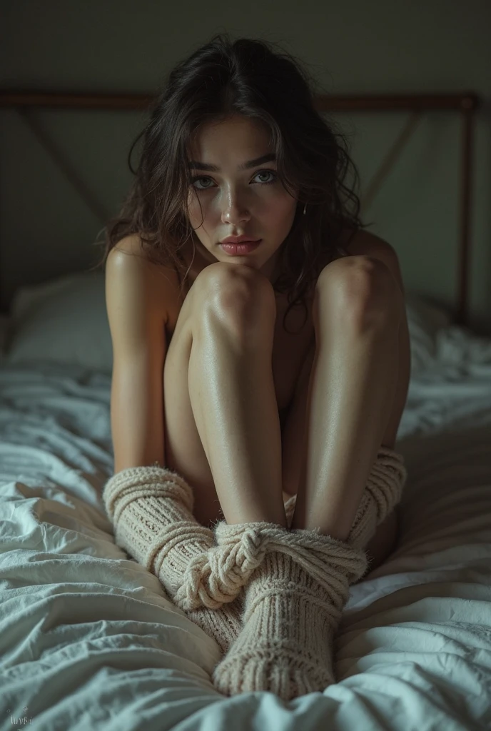 Draw her sitting on a bed with her feet and hands tied, showing the soles of the feet, with a worried face, looking forward and with legs open, hands tied up and legs extended upwards as if showing them looking frontally, showin her feet on front