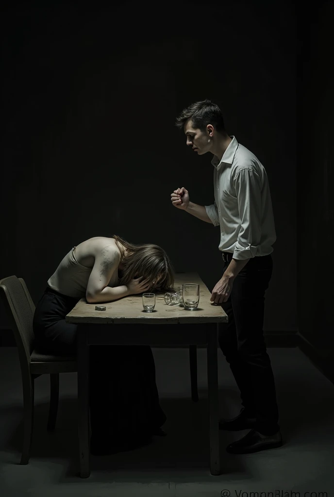 A photorealistic image of a 45-year-old Turkish woman with short hair, straight, by rubio, standing in an old, low light study. She has a fair complexion with an oval face., defined cheekbones, and a look of fear in its almond shape, dark eyes. Woman leans over a worn wooden table, her hands gripped the edge tightly, while looking nervously directly into the camera. Behind her, a shadowy figure of a man looms, his features obscured by darkness. The man holds a stick in his hand, adding to the tense and ominous atmosphere. The room is filled with old equipment and faded fixtures., enhancing the feeling of unease and suspense. Naked woman and full body.