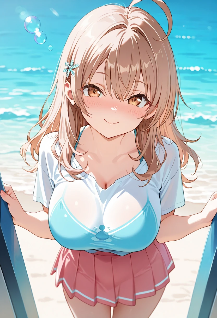 1girl in,Light Svert Medium Hair,Tying hair,Light blue eyes,Beach,Swimsuit,Cute,blush,medium breasts⁩,cumulonimbus clouds,Best Quality++,Highest Quality++