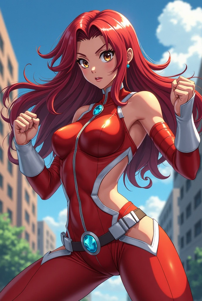 (masterpiece、Highest quality、detailed、HD、Highest quality、High resolution、Solo Character) {{Orange-red hair:(Reddish orange long hair、Light blue eyes、Serious expression、Open Mouth Smile、Beautiful female body、Beautiful feet)、(Pink one-piece leotard、Pink Boots、Pink knee pads、pink arm sleeves、Pink elbow pads、Pink gloves)、(There are no people around、)}}