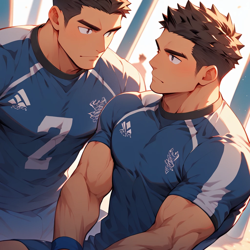 In this breathtaking masterpiece, we are transported to a rugby field, with a vibrant background capturing the essence of the sport. The scene is bathed in the warm glow of the sun, casting a captivatingly intense light over everything it touches. Our focus is drawn to a male student, his full muscle body glistening with perspiration, revealing his sculpted six-pack abs. Despite the extreme sunburn on his skin, his front face exudes determination and strength.

The expressive Korean features of our protagonist make him undeniably cute and appealing. He is surrounded by his fellow sports college male students, all donning their eye-catching judo attire, showcasing their dedication to the sport. Each of their faces shows a unique expression, capturing the intense energy