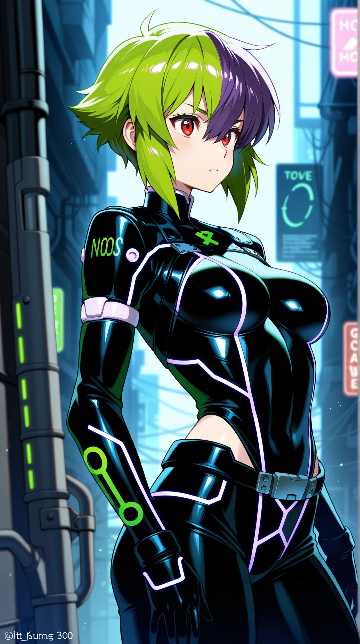 1girl, green hair, very short hair, pixie cut, yellow eyes, serious, glowing eyes, large breasts, breasts, thick thighs, toned, toned female, bodysuit, pilot suit, futurustic, science-fiction, neon, neon trim, neon light, black bodysuit, space, from behind, ass, ass focus, huge ass