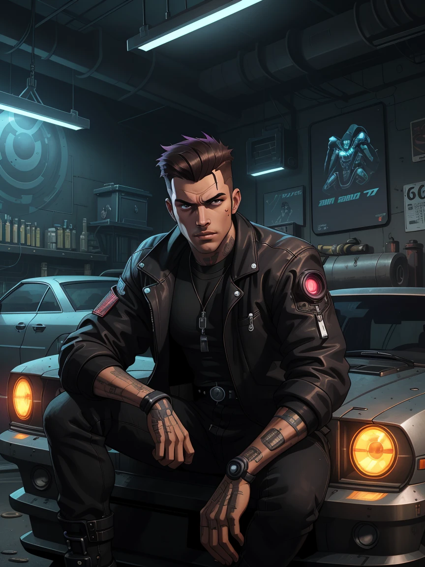 Face of a bearded man standing in a dark hall, cyberpunk hero,anime cyberpunk moderno, cyber noir, cara cyberpunk, imagem do avatar, tecnologia batida. neo estilo preto, cyberpunk rua ????, irreal 5. retrato de rpg, arte cyberpunk, neo-cyberpunk,neon operator, ( ( Cyberpunk ) ), Markiplier, Neon Noir, estilo de arte Cyberpunk, Makoto