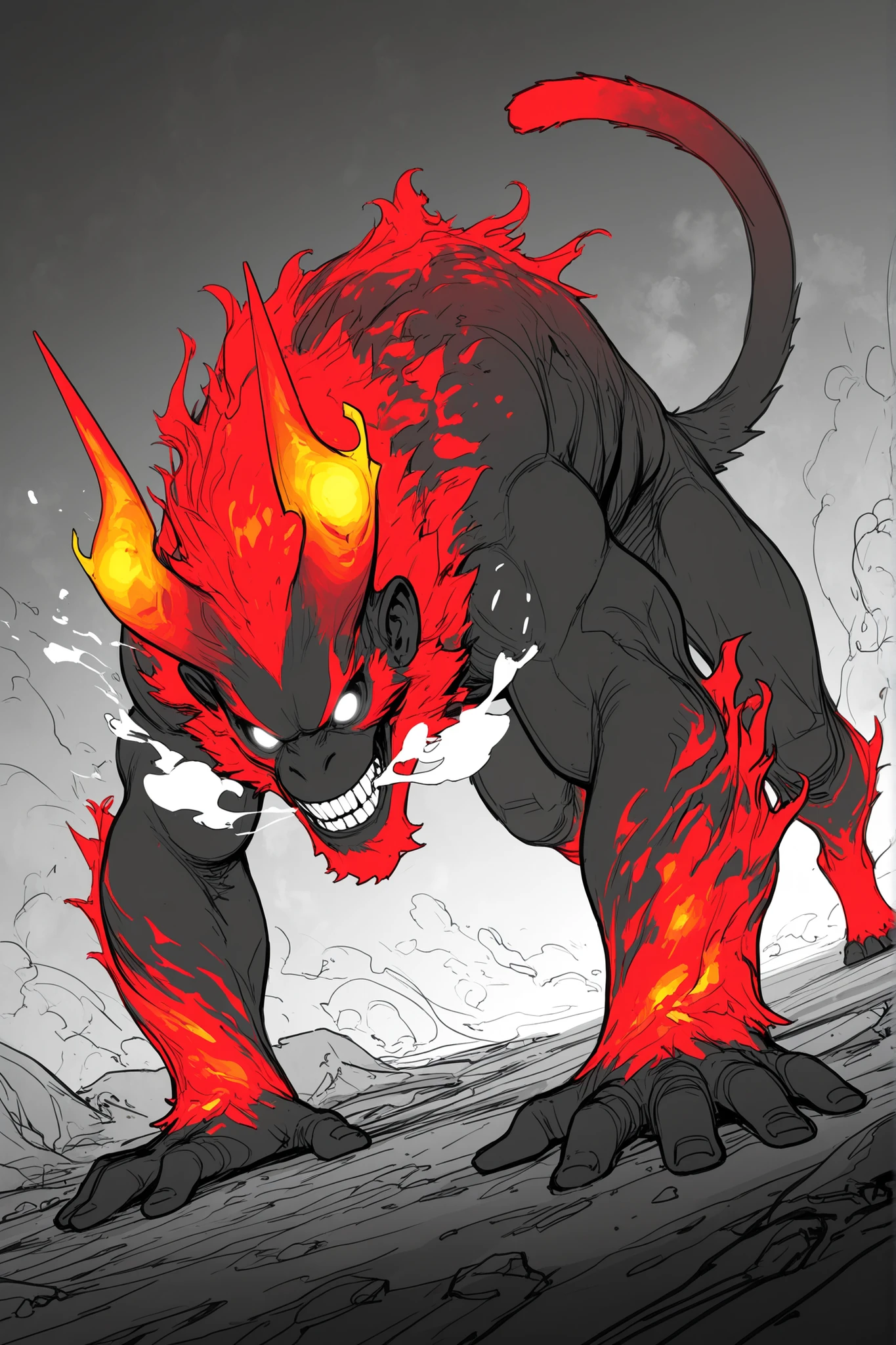 Game monster, sketch, concept art, monkey mandrill, bright color,  Breath steam, black and red furr, white eyes, round eyes , glowing eyes, muscular, on plain white canvas, rough, thin lines, 2d, concepts art, On all fours, large, wide front arms, and small back legs , tail, Masterpiece, incredible quality, perspective, dynamic pose, dynamic Dutch angle,Alone , grew old, brutal, cunning, flame shaped horns