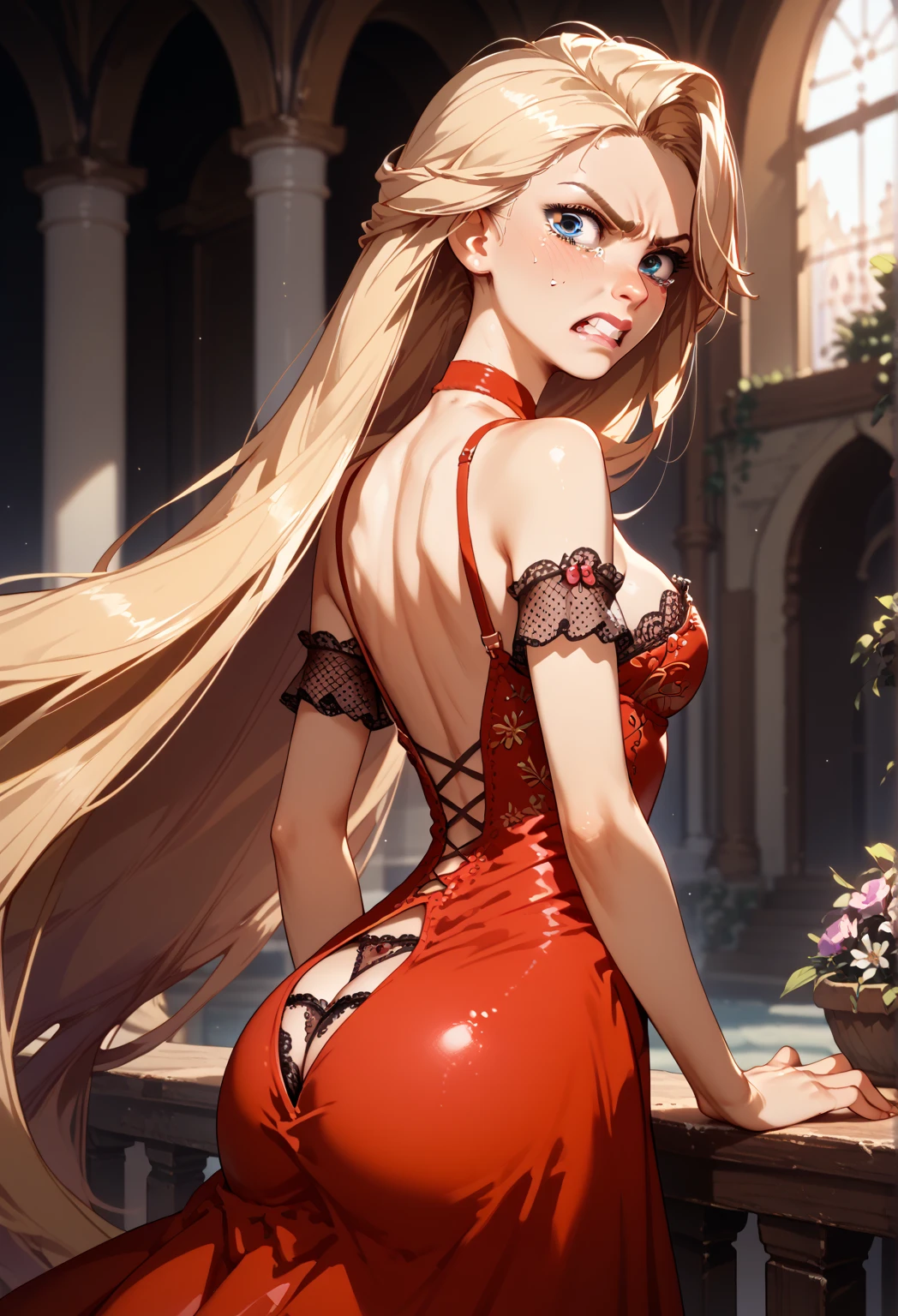 (huge ass) Beautiful adult woman wearing red and black frilly saloon girl costume, skinny, slim and thick, small waist, 8K, Karabet, brothel, UHD, (Booty that emphasizes curvaceous beauty)