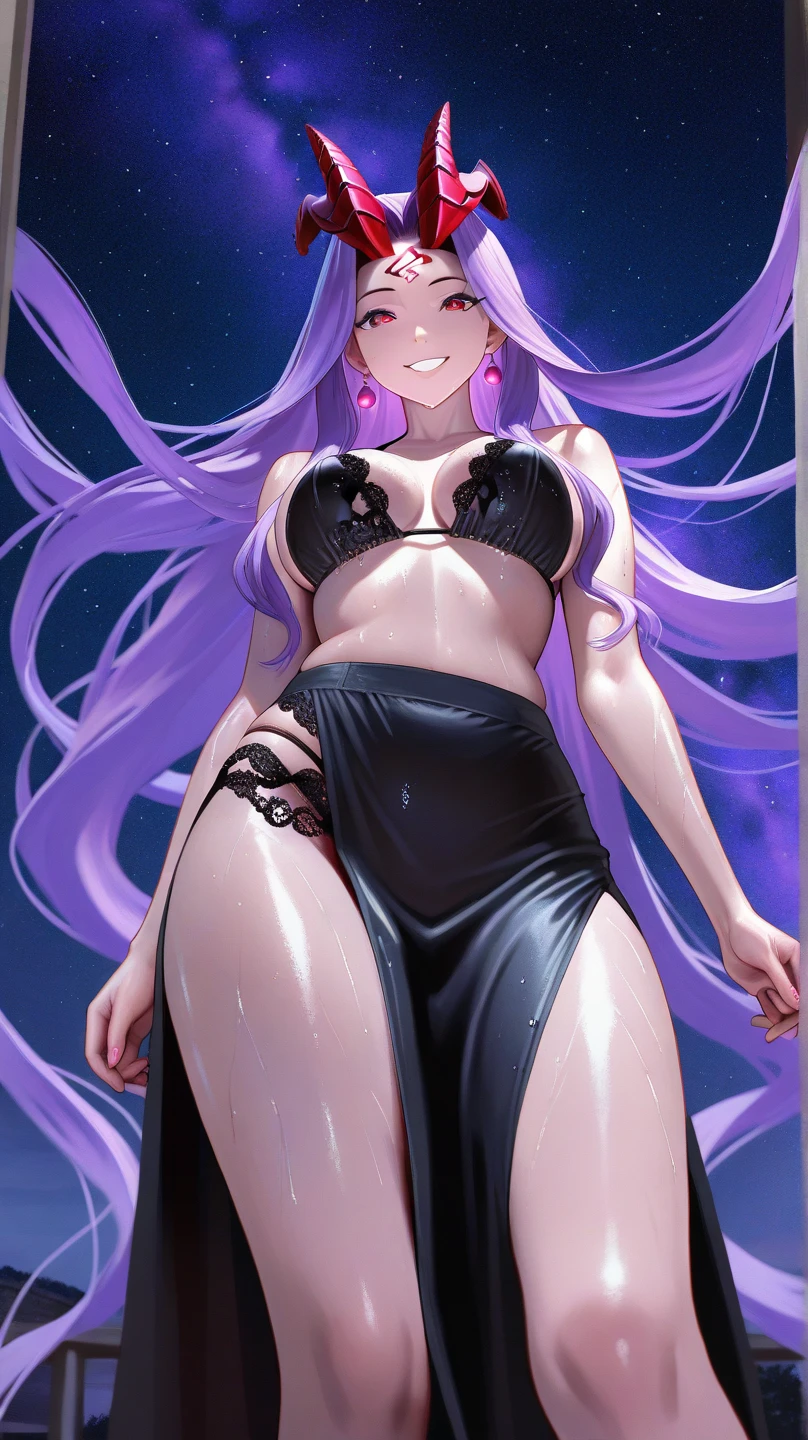 Athena,Purple one-way slightly messy long hair,Purple Eyes,Black one-piece dress,But the jumpsuit is sexy,barefoot,A black hole in the universe,Purple and black black hole,Draw a good look,Normal body proportions