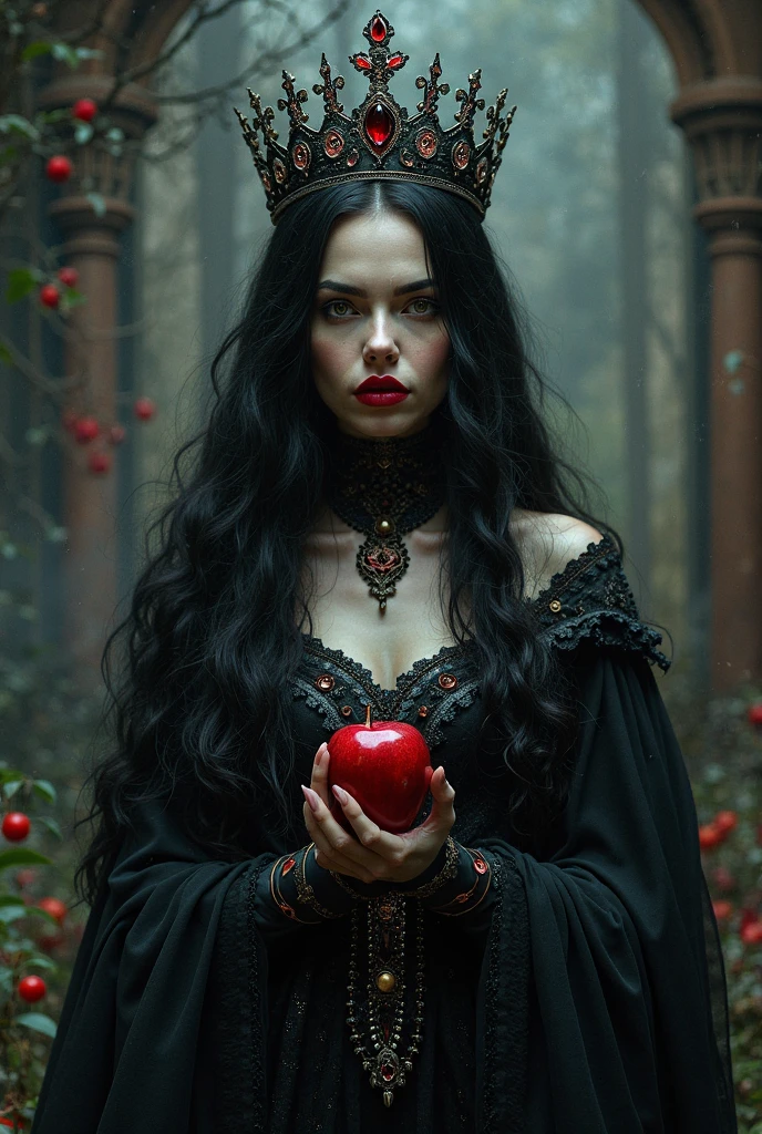 Girl,Black long hair，Black Queen，accessories，Apple in hand，Poison apples，Witch Queen，Red lipstick