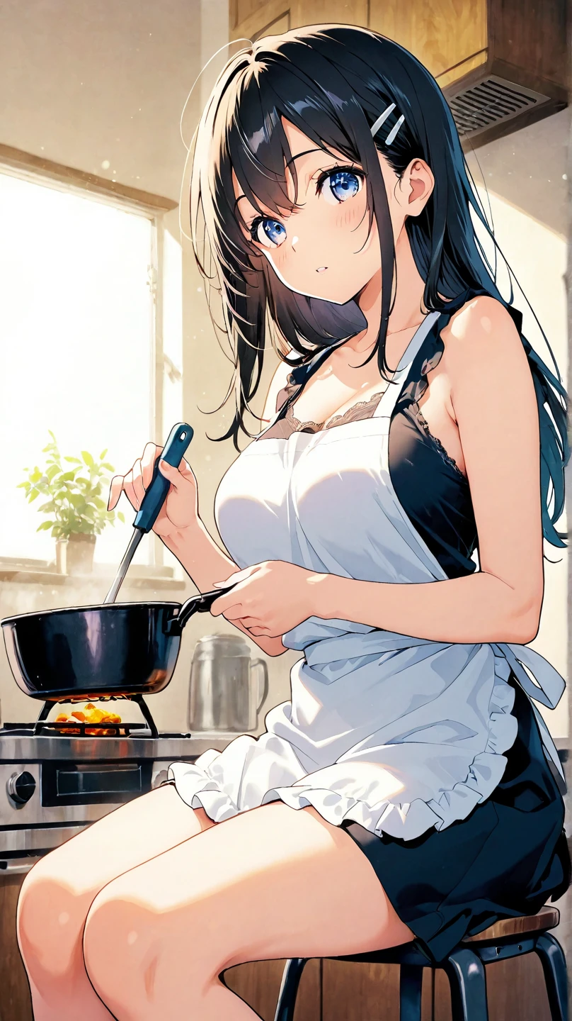 Morning,Black color hair,(best qualtiy,8K,tmasterpiece),(in a kitchen,Cooking while standing,Capture),(A pretty maiden,having fun,cabelos preto e longos,Long messy hair,curlies,Huge eyes:1.3,Long eyelashes,Delicate makeup:1.4,Sexy lips,Blushlush),(Exquisite watches,Reflective necklace,Bulgari's earrings,Bulgari's ring),(in a kitchen,Cooking while standing,Capture),(Fashionable outfits,Wear loose white clothing,baggy clothes,cropped shoulders,),(middle breasts,endure),(Black oily transparent stockings),(Very short skirt,Superskirt),Light ripe,Royal Sister,Best light,Best shadow,电影灯光,28 years old,1girll,Need,(realskin,Supple skin)Ray traching,Unreal Engine 5,Reflective skin,Digital illustration,Game CG characters,super model,(kpop,heartthrob),(Body edge lighting,Colored light sources are around),There is wind blowing hair,Looking into the distance