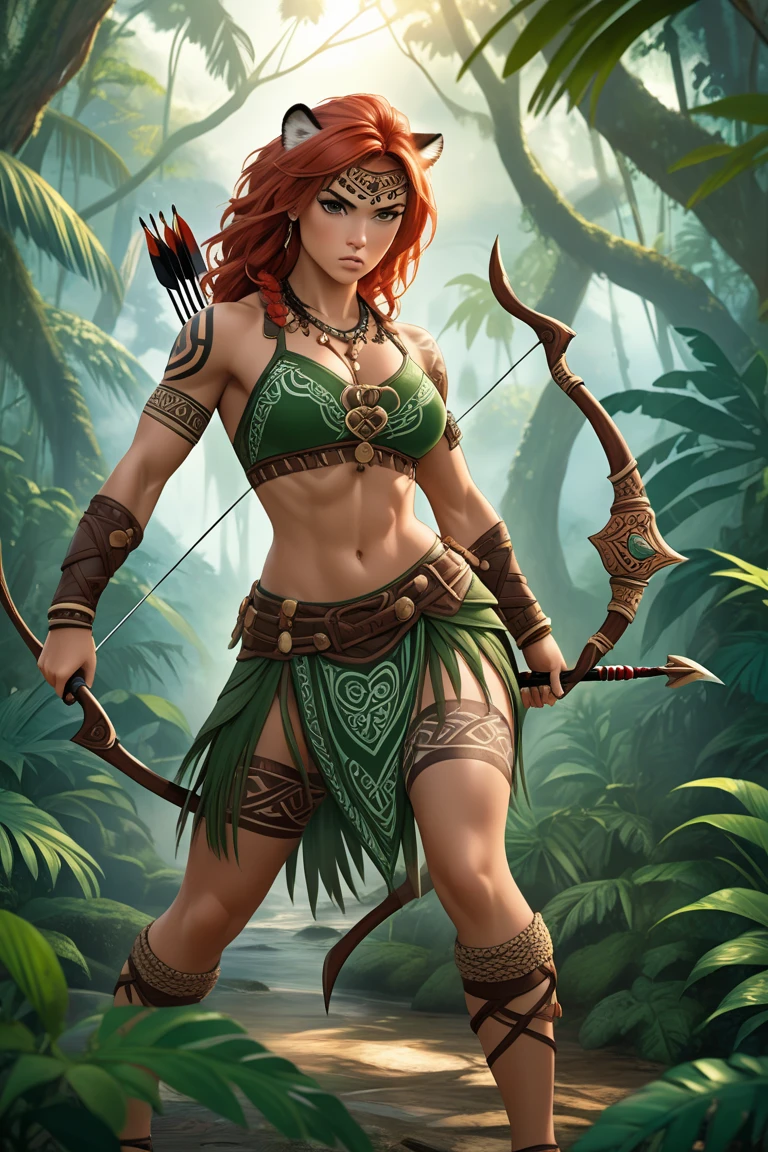 Color ink pen hand drawing, vector graphics design, (cute woman), copper hair, (savage, jungle, tribal, wet), (marks, tatoo), small breasts, barefoot, rainforest, rain, downpour, from above