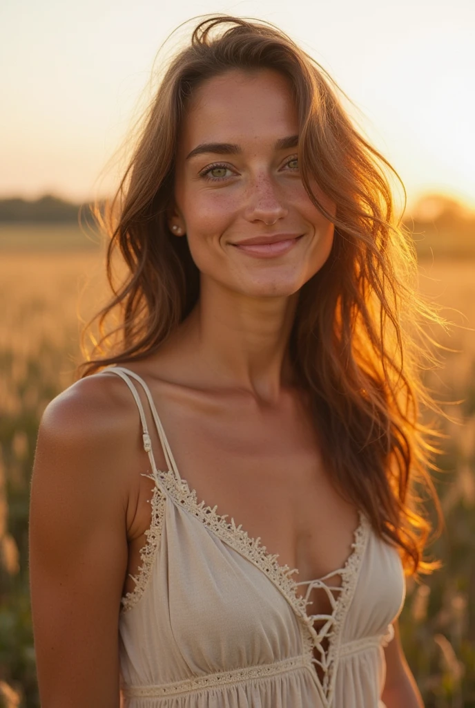 (masterpiece, top quality, Best Quality, beautiful and aesthetic:1.2), extremely detailed, Photo of a woman, agricultural dress, farm holidays, happy, sunlight, 34 years, perfect body, perfect weird face, (very detailed skin), very small and natural breasts, brown hair, skin texture, Sharp focus on strange face, perfect brown eyes, (photorealistic), film grain, name Karen,