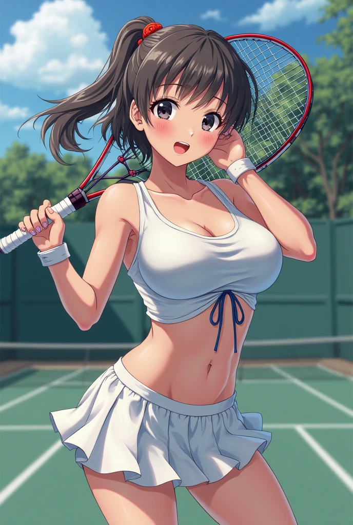 1lady solo, (sporty outfit) (stylish outfit), mature female, /(black hair/) bangs, blush kind smile, (masterpiece best quality:1.2) delicate illustration ultra-detailed, large breasts BREAK (holding a tennis racket) BREAK (tennis court) outdoors