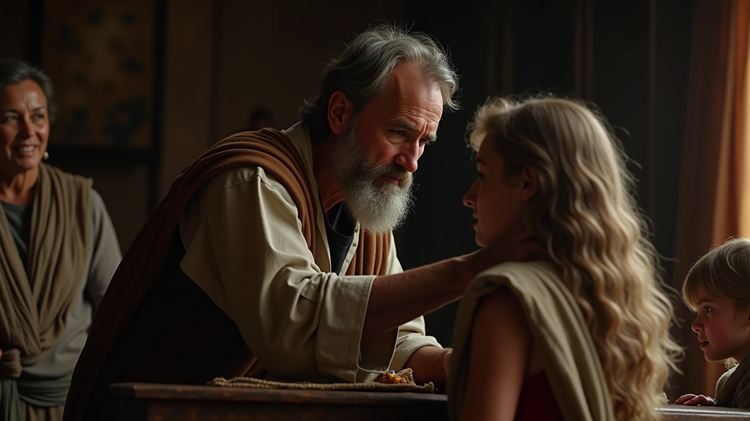 Portrait of Abraham saying goodbye to Ishmael, um menino de 7 anos, land of Canaan, ultra realista em 8k