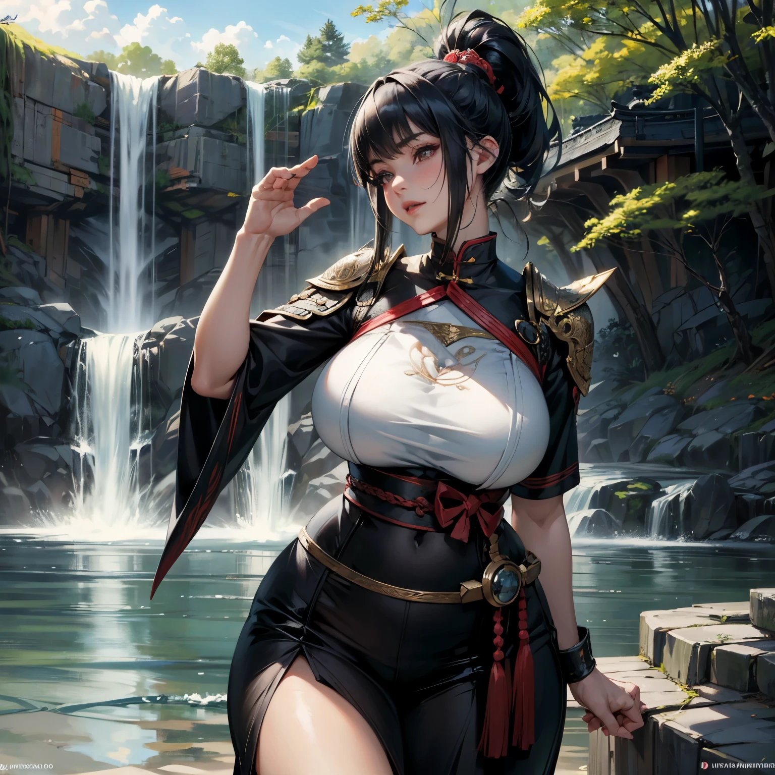 In the heart of a tranquil Japanese garden, a Kunoichi, a female ninja, was engrossed in her intricate electronic circuitry. The sun was setting, casting long shadows that danced upon the mossy ground. Her slender figure clad in traditional ninja attire combined seamlessly with the futuristic components that adorned her workspace.
The Kunoichi's sunken eyes, usually sharp and watchful, were focused intently on her creation. Her forehead protector, a symbol of her ninja status, reflected the warm, orange hues of the sun. With her long black hair tied back in a tight ponytail, she looked both elegant and determined