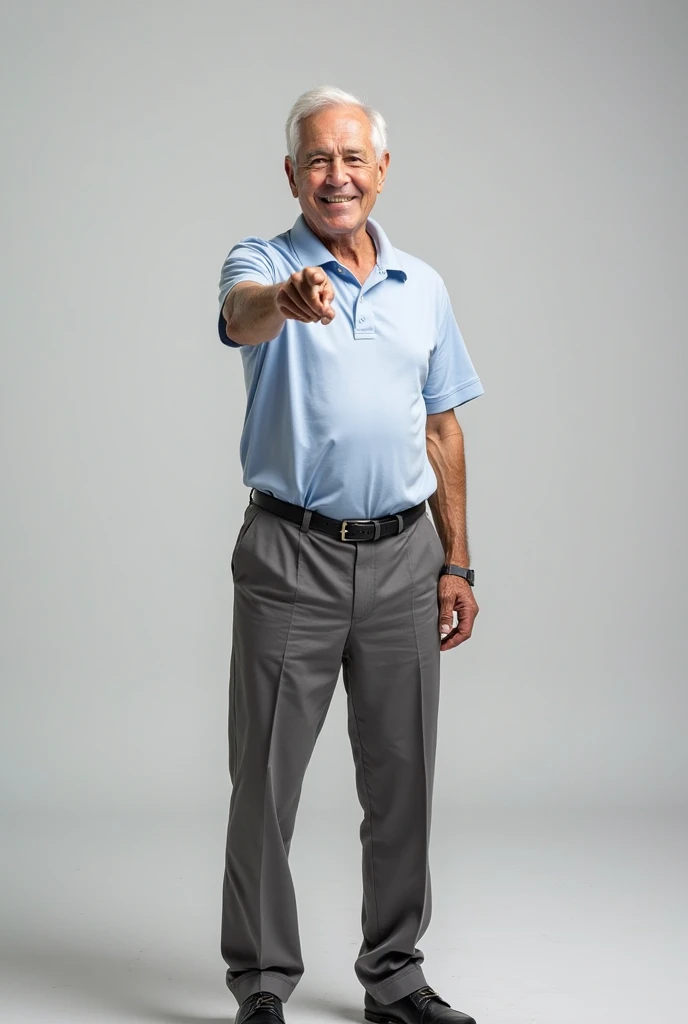 photo cartoon 4D realistic nyata,big head, full body, an adult man with an Indonesian face, 50 years old, thin bearded face, slightly round face, short graying black hair, wearing a bright blue polo shirt, formal black trousers, black leather shoes, standing pose while smiling, showing his teeth,facing forward with his fingers forming a love shape ,gray background 