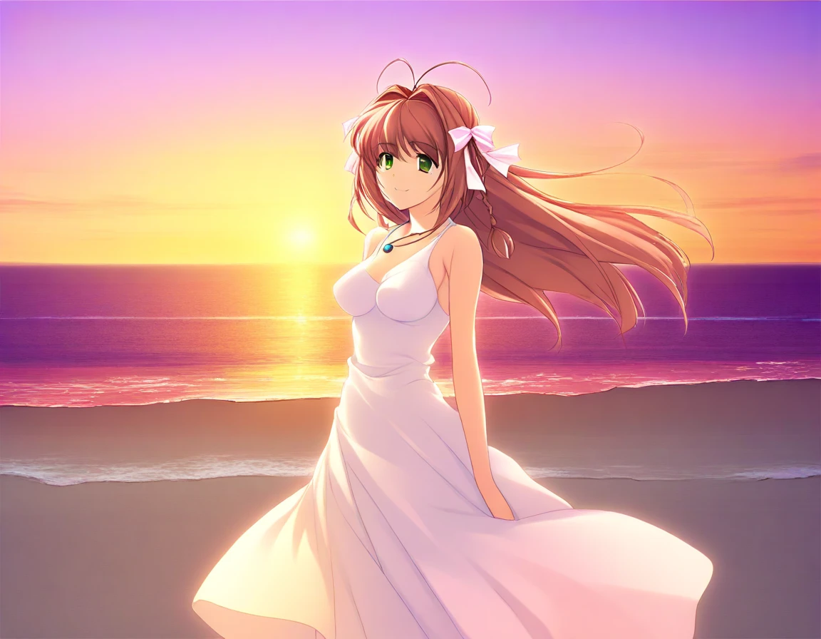 Monika,white and green dress,green eyes,long hair,ponytail,ribbon,coral brown hair,white ribbon,very long hair,bow,hair bow,breasts,white bow