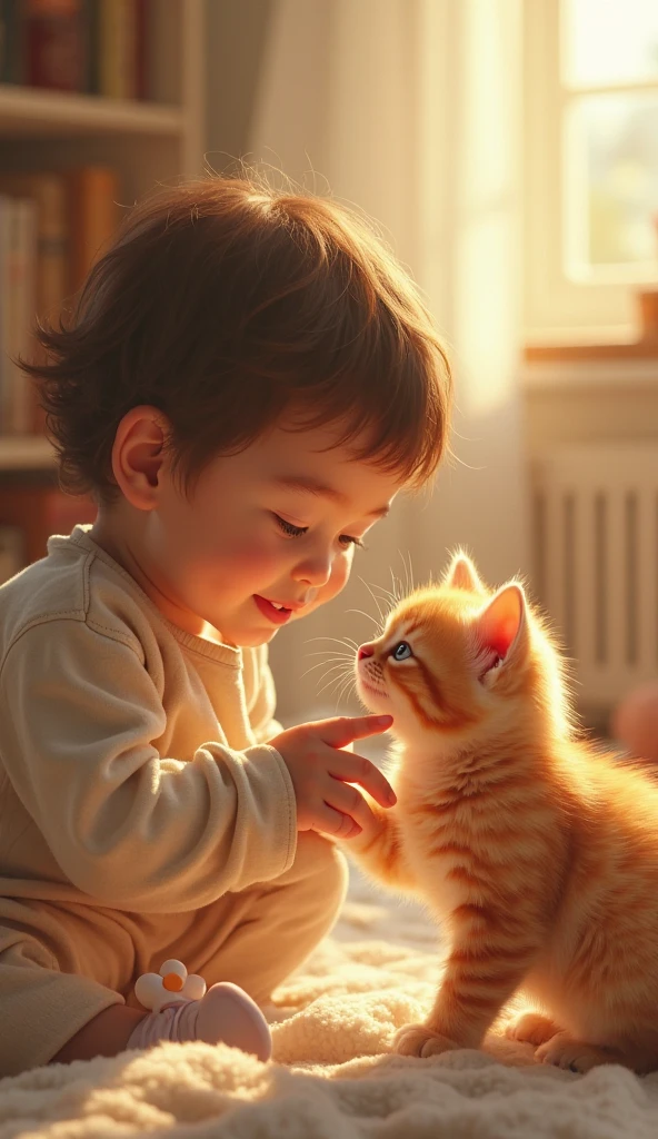 The boy's friend sees the kitten and exclaims, ``It's cute!'' The two are playing with the kitten.