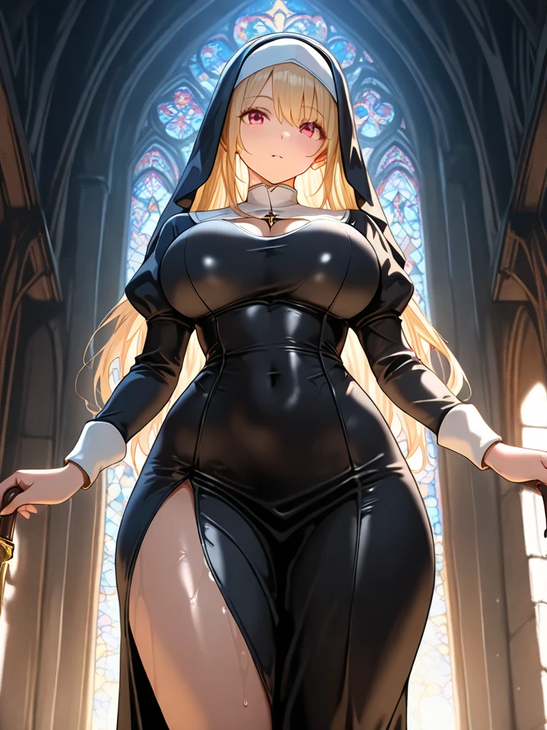 1girl, blonde hair, red eyes, large breasts, wide hips, nun outfit, coy smile, milf, church background, textured skin, UHD, UHD, UHD, UHD, award winning, high details, incredible high-key lighting and shadows, masterpiece, incredible illustration
