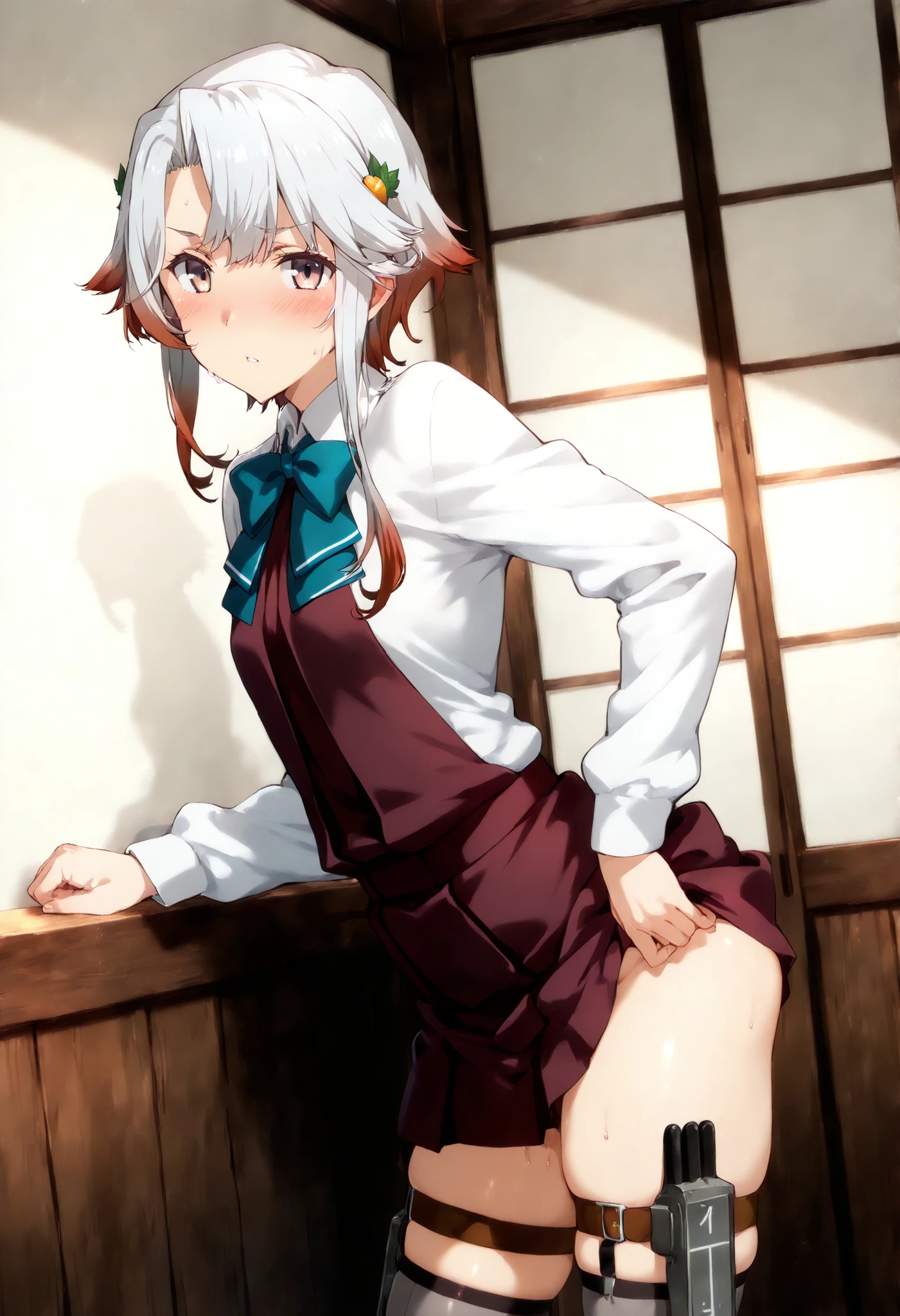 mononobe no futo, One girl, Long sleeve, Sleeves edged with ribbon, Gray Hair, blue eyes, Proud face,
Underbust,  Medium chest, Leg spread,Butt,Thighs
