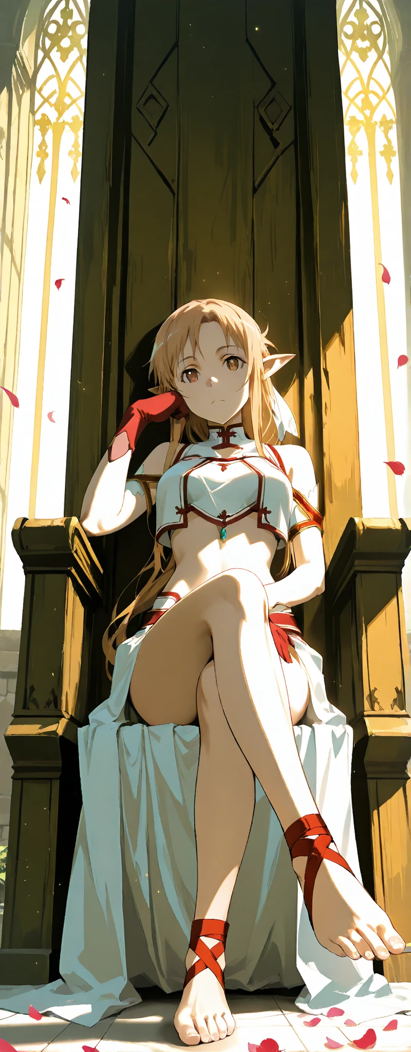 anime style beautiful women, solo woman, Elinalise, 1girl, solo, long_hair, navel, wariza, cleavage, sitting, midriff, medium_breasts, collarbone, very_long_hair, white_skirt, brown_belt, red_legwear, ((CUM)), ((TIT FUCK)),