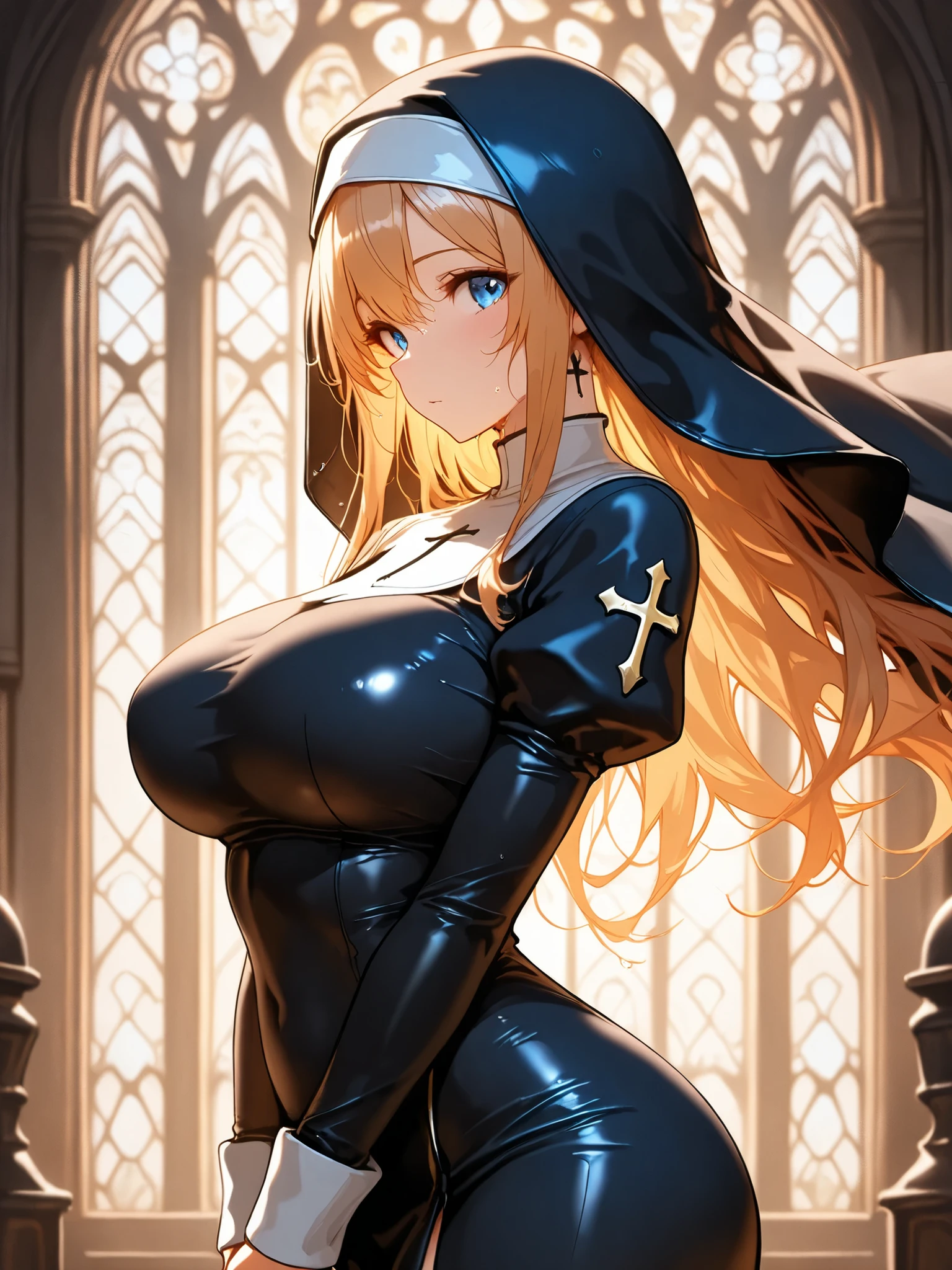 ((masterpiece, best quality)), (1girl), ((mature female)), nun, (big breasts), blonde hair, (nuns clothing), curvy, wide hips, confused, thigh strap, in the castle, medieval, upshirt, underboob, <lora:upshirtUnderboob_v10:1>