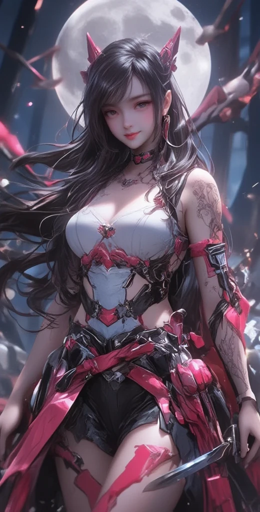 (RAW photo), (Realistic), (photo-realistic), ultra high resolution, masterpiece, highest quality, perfect lighting, detailed lighting, dramatic shadow, ray tracing, ((sharp focus:1.2)), 1 Japanese beautiful lady, 20 years old, ((Idol face)), ((Voluptuous body:1.35)), cleavage, Abs, muscle, ((beautiful detailed eyes:1.5)), red lips, ((pale skin:1.2)), ((big tits:1.2)), constricted waist, big ass, big thick thighs, long straight hair, black hair, half open mouth, looking at viewer, ((bikini armor:1.2)), ((in fantasy medieval castle:1.2)), from below, open legs, smile, Crimson armor,