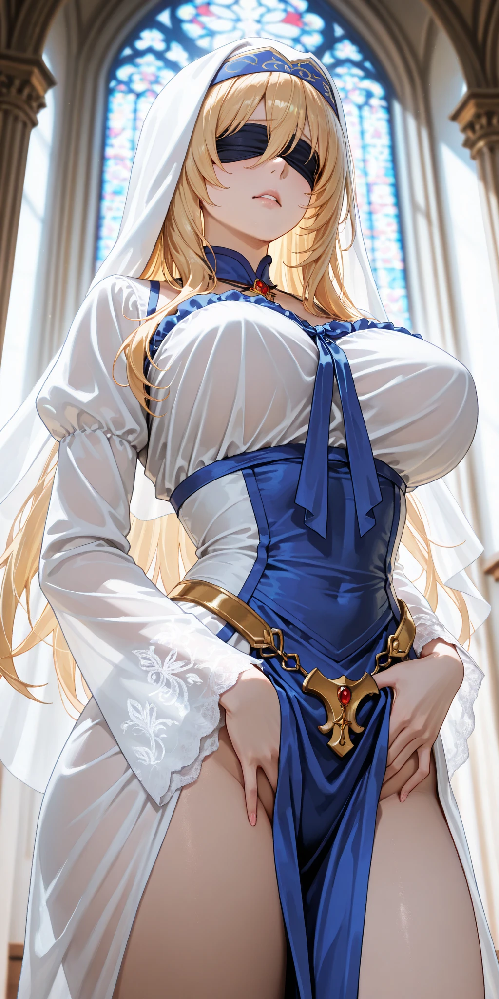 masterpiece,8K,A woman with big tits,Gorgeous woman,transparent,Long blond hair,big hair,((hime cut)),Gorgeous jewelry,Crystal Hair Accessories,Cleavage,pubic,In front of the altar of the majestic church、(Blurred background)、Brighter light,(Elegant gloss)、Lots of ribbons、((Puffy sleeves))、Long cuffs,Multi-button、Gold embroidery、Long trains、White embroidered gloves、Five fingers、red cheeks,(nsfw:0.5),