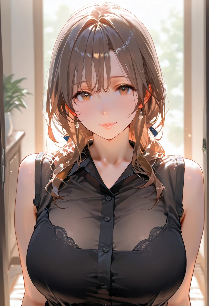 Masterpiece,Highest quality,8k,Ultra-high resolution,appropriate margins,lighting,BREAK,1 person,Very beautiful adult woman,Slim body,Very ample large breasts,Deep cleavage,Moisturized Skin,BREAK,Brown Hair,short hair,(No bangs),(Show your forehead),mascara,Red eyeliner,Light pink lip,Thin teak,Thick upper eyelashes,Thin eyebrows,BREAK,Black eyes,BREAK,Embarrassed,Shy smile,BREAK,(Flower pattern kimono),BREAK,Eye contact