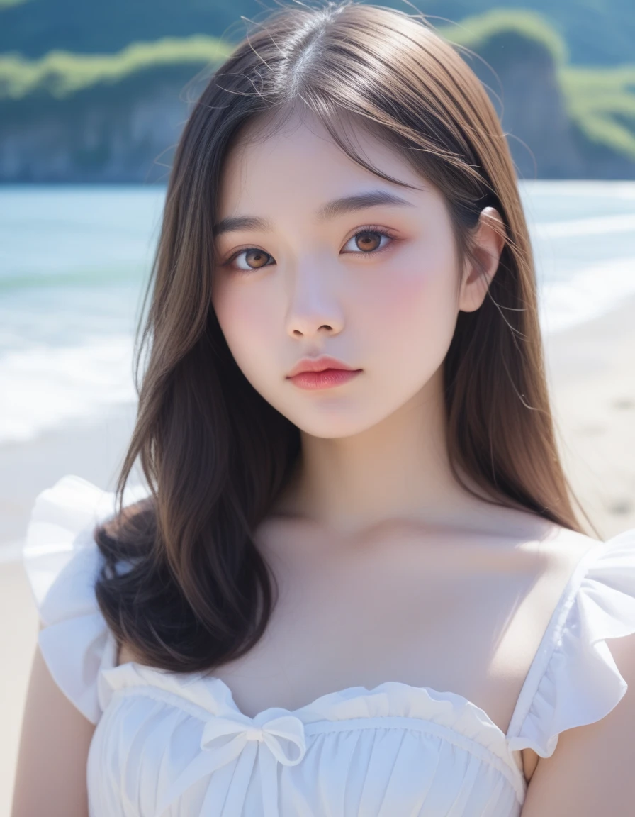 (8K, original photo, highest quality, masterpiece: 1.45), (actual, lively: 1.37),1 beautiful girl、 Japanese、asian beauty、super beautiful、beautiful skin、thin、(upper body)、(surreal)、(High resolution)、(8K)、(very detailed)、(Super detailed)、big eyes、brown eyes、long eyelashes、detailed face、gloss lip,bright lighting、professional lighting、looking at the camera、serious expression、look straight ahead、long hair、brown hair、sea landscape、Nogizaka Idol、actress、20-year-old、big breasts、big breasts、wet skin、silver latex suit、cleavage cutout、baby face、Moisturized and realistic skin texture、moist lips、natural shadows、(arms up),nsfw,