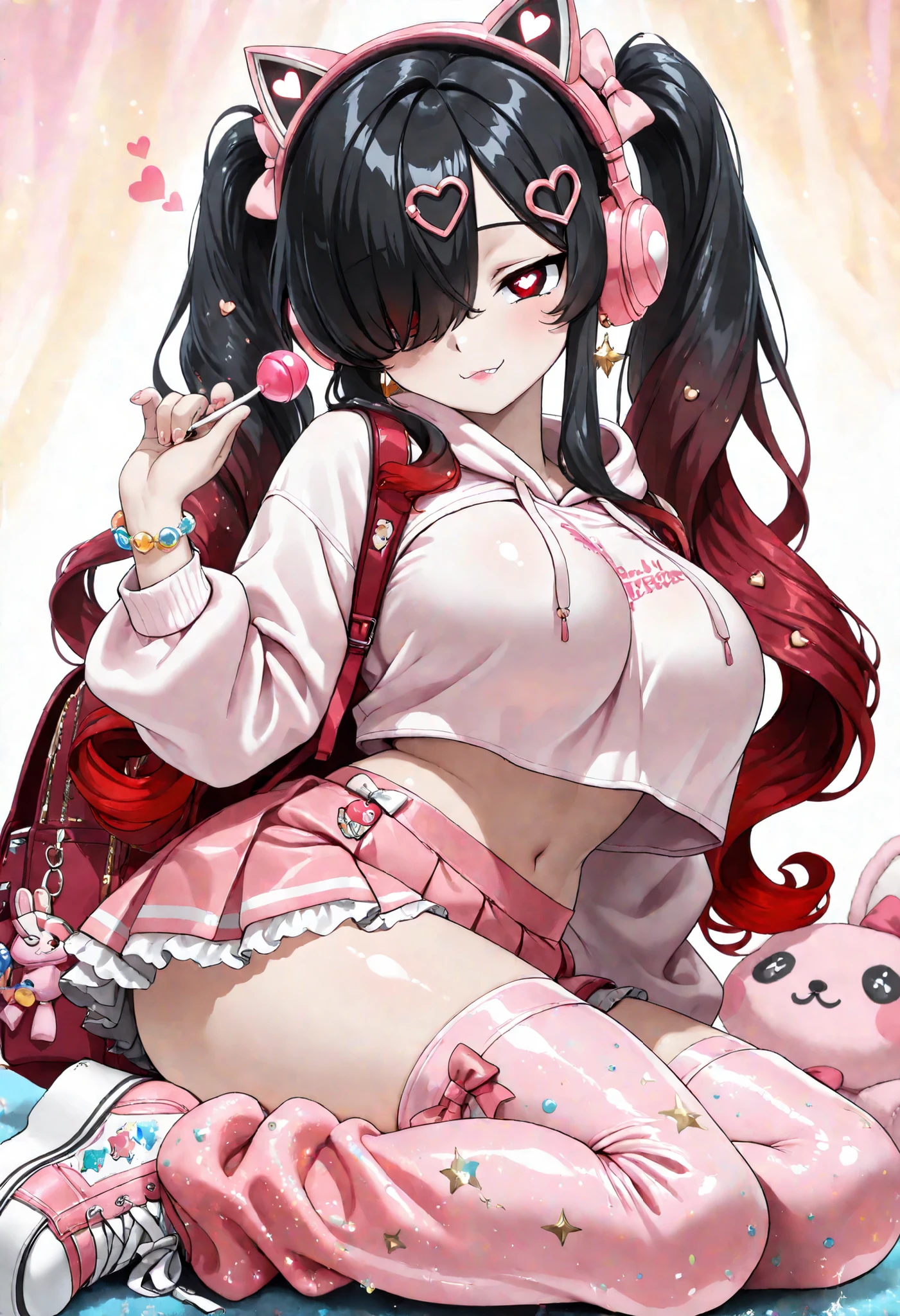 best quality,masterpiece, , 1 girl, Kuroki Monika, red eyes, gradient hair, black hair, red hair, long hair, asymmetrical hairline, hair over right eye, ((large breasts)), (petite but curvy), very cute, lovely, (High twin tails with curled ends), (petite dancer’s physique), (heart pupils), (Heart hair clip), (Pattern leggings in pink and white)
(Frilly cropped hoodie), (Mini pleated skirt with bow accents), (Sparkly star earrings), (Glossy bubblegum lip gloss), (High-pitched giggle, singsong tone), (Pink cat-ear headphones resting on neck), (Charm bracelet with candy motifs),(Puffy leg warmers), (Platform sneakers with glitter), (Lollipop always in hand), (Backpack shaped like a stuffed bunny),Sticker style, kawaii