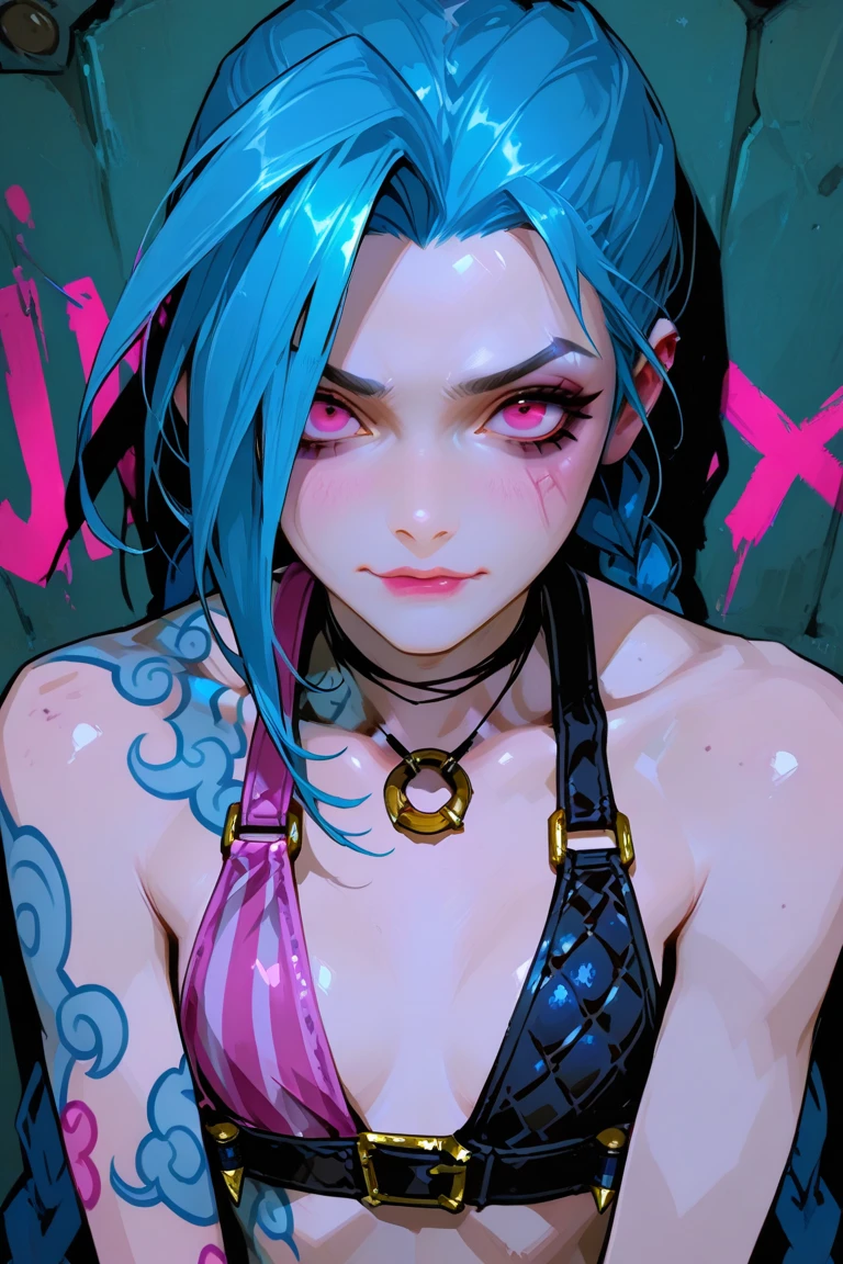 young girl, long blue hair, Two long pigtails, red eyes, smirk, tattoo, Black Top, open belly, flat chest, pink pants, Jinx(League of Legends), Masterpiece, hiquality, 4k, HD, Good detail