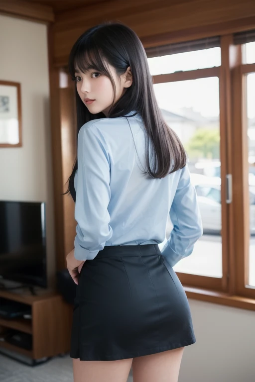 Cute lady , masterpiece , portrait of a , Highest Quality , ribbed dress , big size ass , view from behind , wave perm