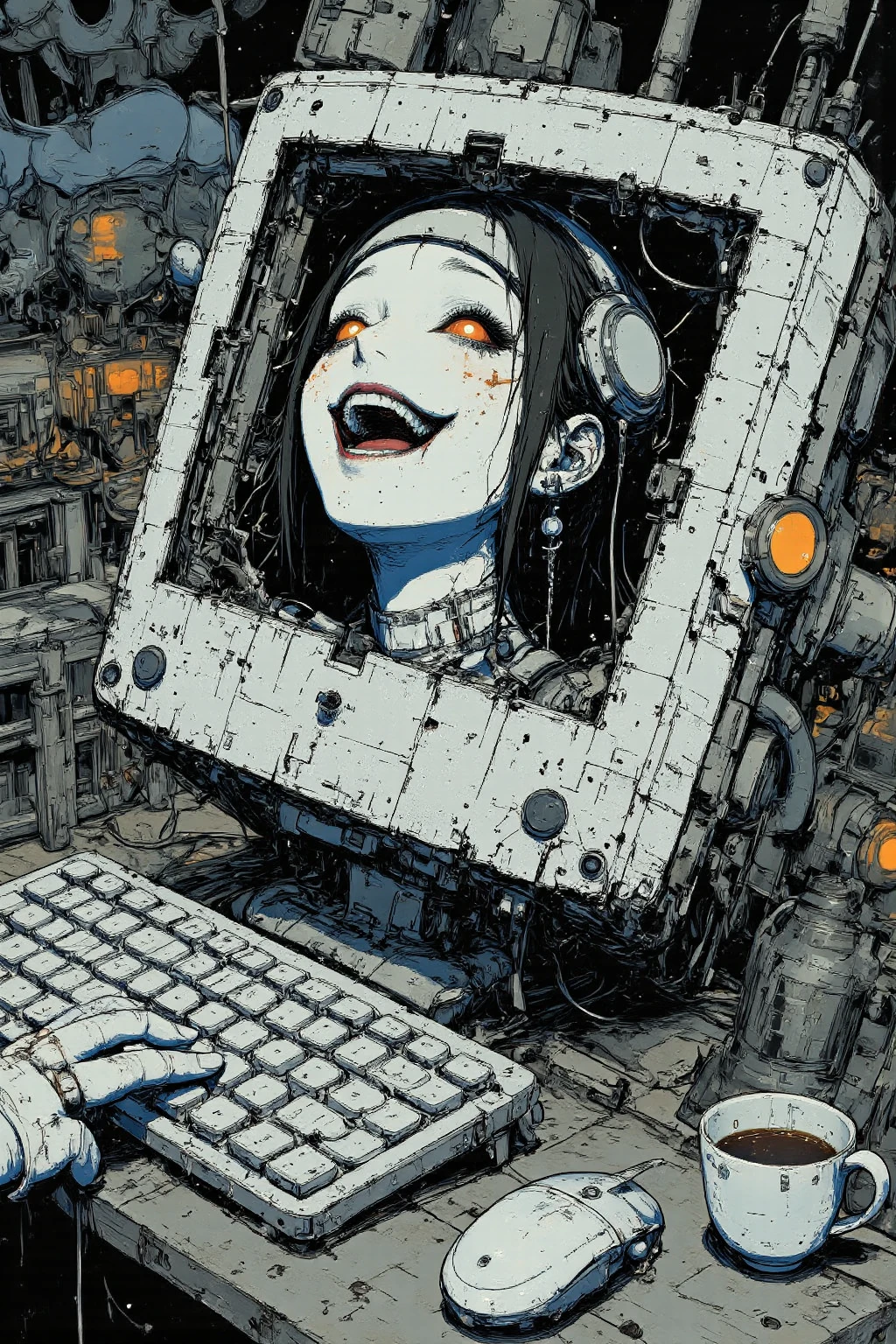 A woman who breaks through a monitor and appears in the real world,contains swirling visuals and virtual environments that combine elements of technology and traditional architecture、digital art work with a distorted and surreal structure,The background contains motifs similar to Japanese architecture, Hand with an intricate bracelet,A keyboard is displayed,digital and glitch artifacts、A surreal, contemporary look,There are,The color palette is blue and gold,The atmosphere is chaotic but harmonious, Surreal Collage ,a contemporary artistic コラージュ,collage art work, a jacket from a new album,great job!!, digital collage ,collage art , contemporary collage,mixed media collage , high image quality , surreal style ,Asymmetric,visualization of the inner world of crazy minds,detailed down to the smallest detail, Hidden Details ,Radical Japanese Anime,blue、gold base uses few main colors