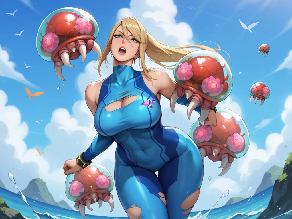 Cerebella, girl, large dress, colorful dress, cute smile, big breast, wide hips, tiny waist, big thighs, big ass, long hair, long legs, anatomically perfect body, detailed image, detailed body, masterpiece, work of art, intricate image, colorful image, beach, anime,