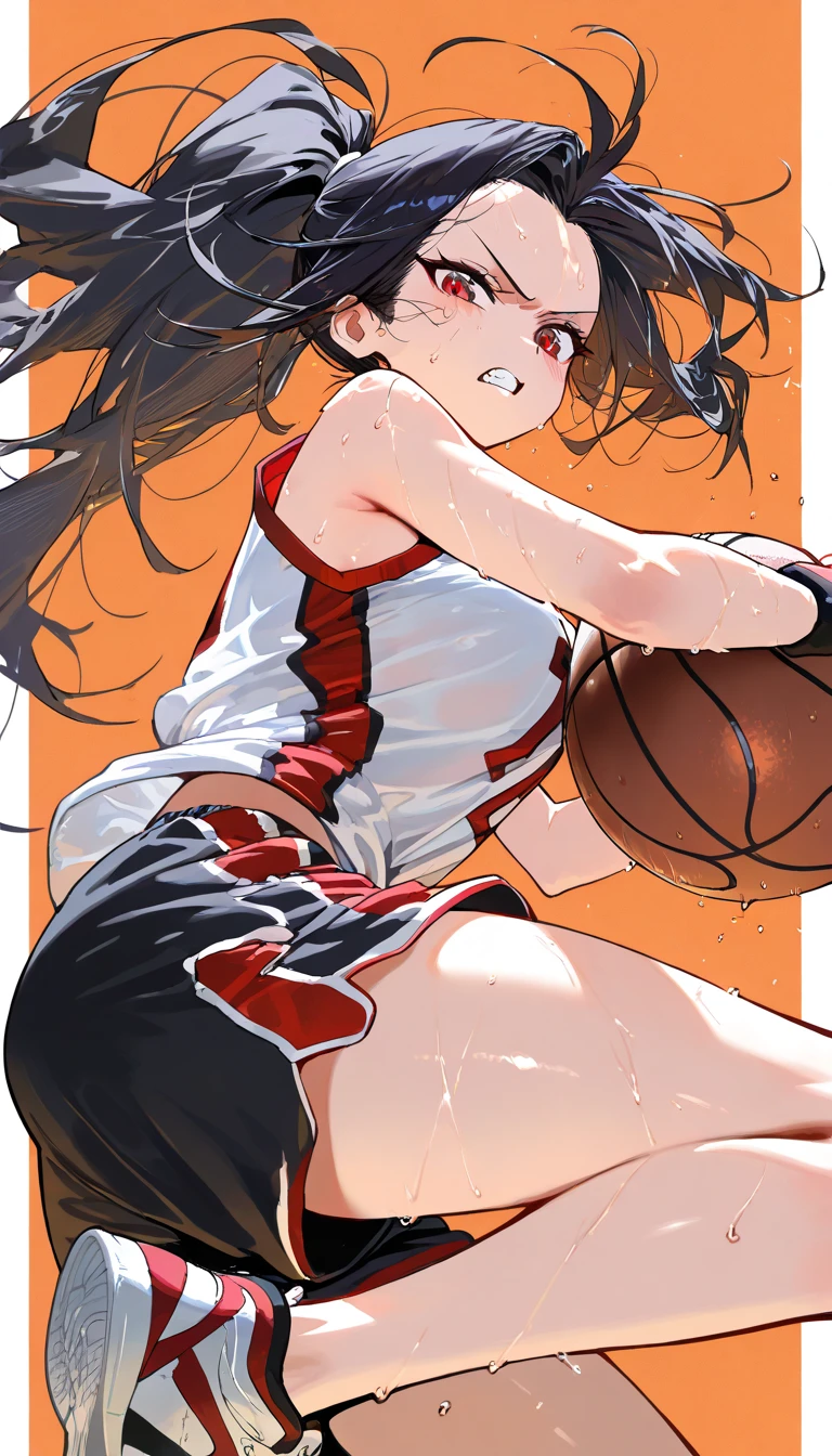 (beautiful girl : 1.3),1 girl,(basketballのユニフォーム,wristband,sneakers,basketball),black hair,ponytail,Forehead,anger, abusive,sweat,jump,basketballのフープ,Dunk Shot, simple color background ,active,dynamic angle,masterpiece,Highest Quality,Rich Contrast,high image quality,8k,High Definition CG Unit Wallpaper,texture,unbelievably absurd, RAW photos ,deep border 1 .2,very detailed from below si