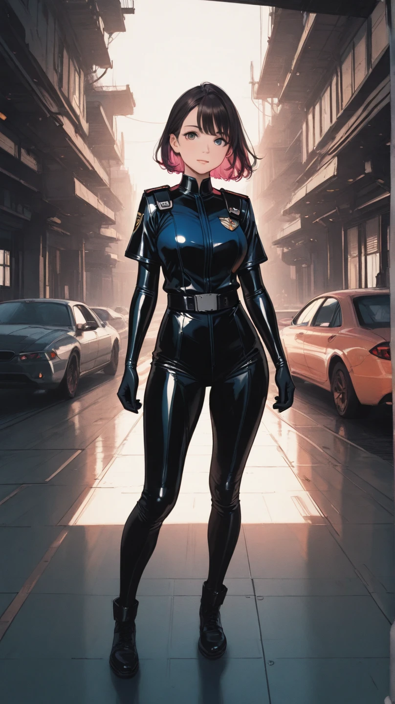 (best quality,ultra-detailed,realistic:1.37),portrait,beautiful detailed eyes,beautiful detailed lips,sexy gaze,dark atmosphere,metallic texture,shiny armor,reflective surfaces,bobcut hairstyle,futuristic fashion,leather jacket,black clothing,urban setting,city street scene,night time,neon lights,grimy alleyways,motorcycle,assassin,deadly weapon,confident stance. red hair