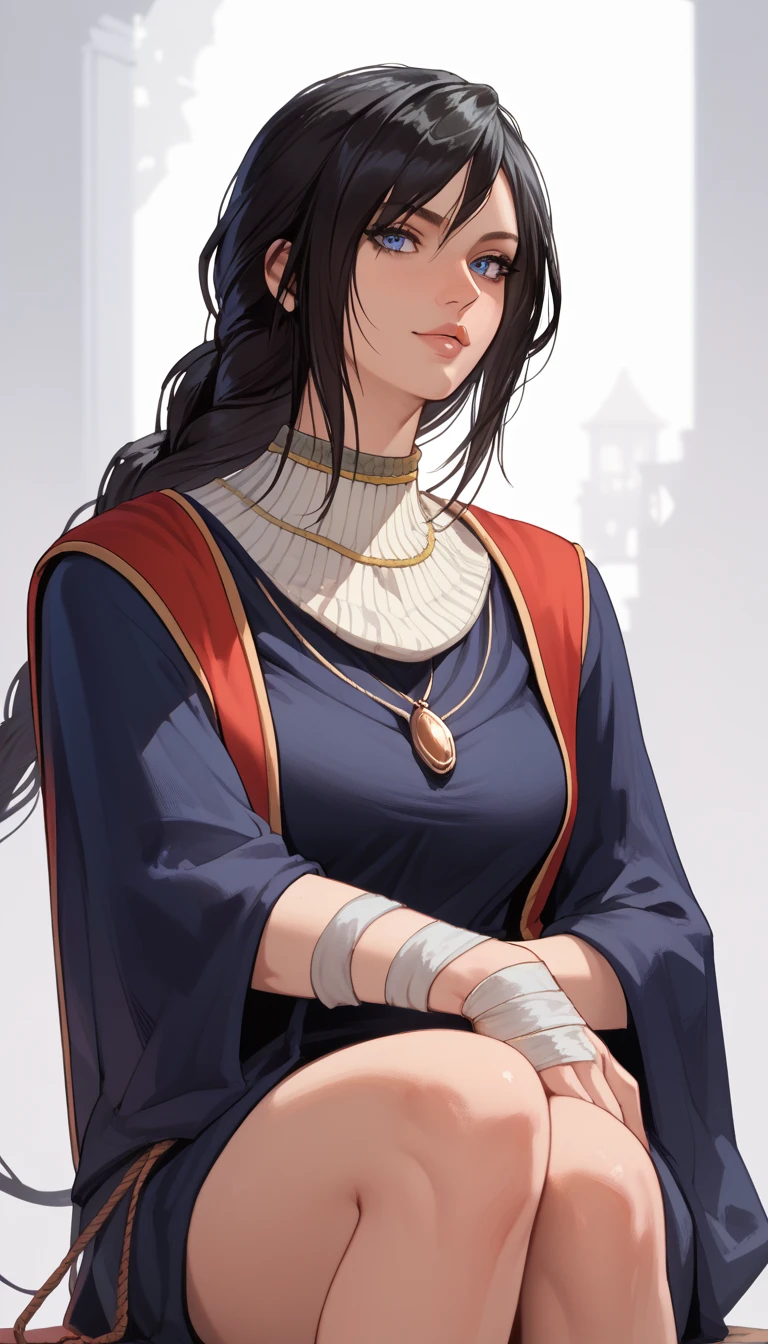 (masterpiece, best quality), intricate details,
1girl, <lora:Sellen-10v3:0.8> Sellen, blue eyes, black hair, bangs, ponytail,MRobe, necklace,barefoot, blue robe, long sleeves, bandages, wide sleeves