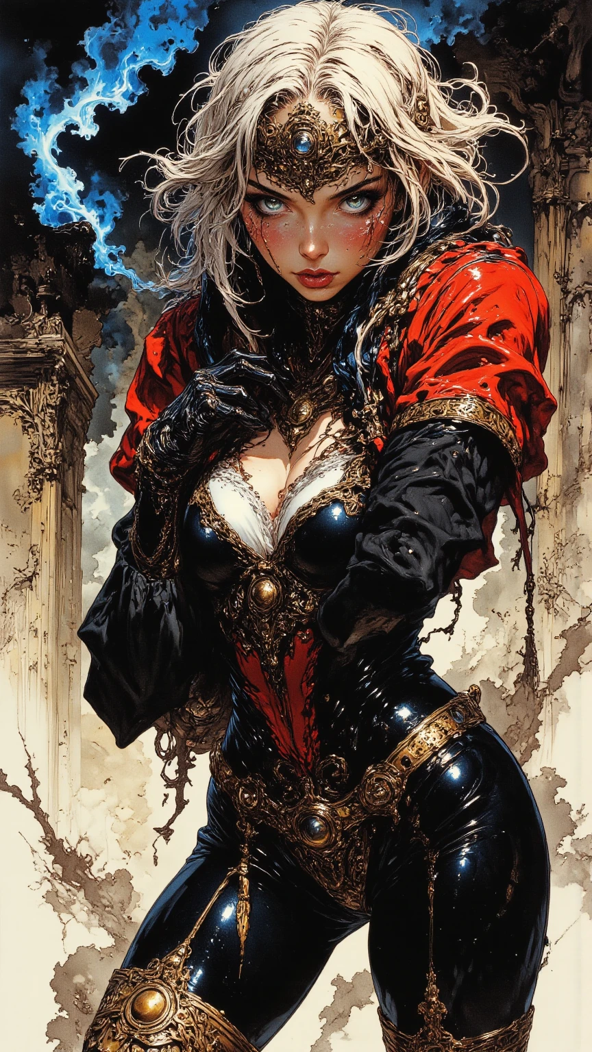 (beautiful girl:1.25), (megan fox:1.25), (young bodybuilder girl wearing cybernetic muscle suit:1.25), (medusa head with tentacles:1.25), carnage muscular physique, seductive face, mouth wide open carnage style, long red hair, perfect muscular body, super skinny legs, sissy, femboy, (carnage style physique), (large fake breasts:1.45)
