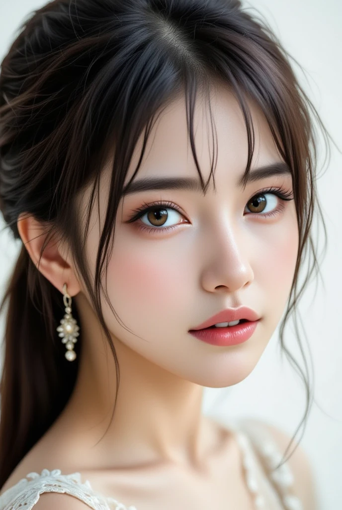 A close-up shot of a stunning woman with rich brown locks styled in an elegant updo. Her flawless face is centered in the frame, with a soft focus that accentuates her natural beauty. The camera captures every detail of her facial features: high cheekbones, defined eyebrows, and plump lips. The overall aesthetic is one of realism, as if she stepped straight out of a fine art photograph.
