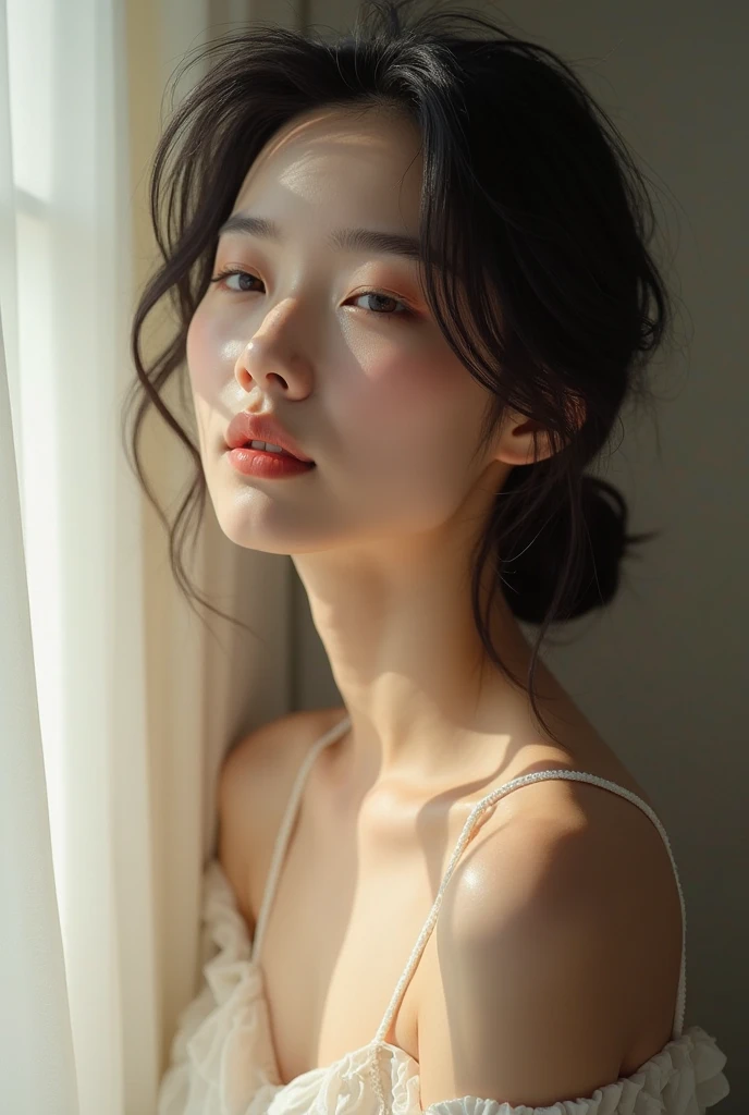 A naked Japanese woman in natural light、Close-up of her breasts with visible nipples and a serene expression.、It represents her inner peace and outer charm..。