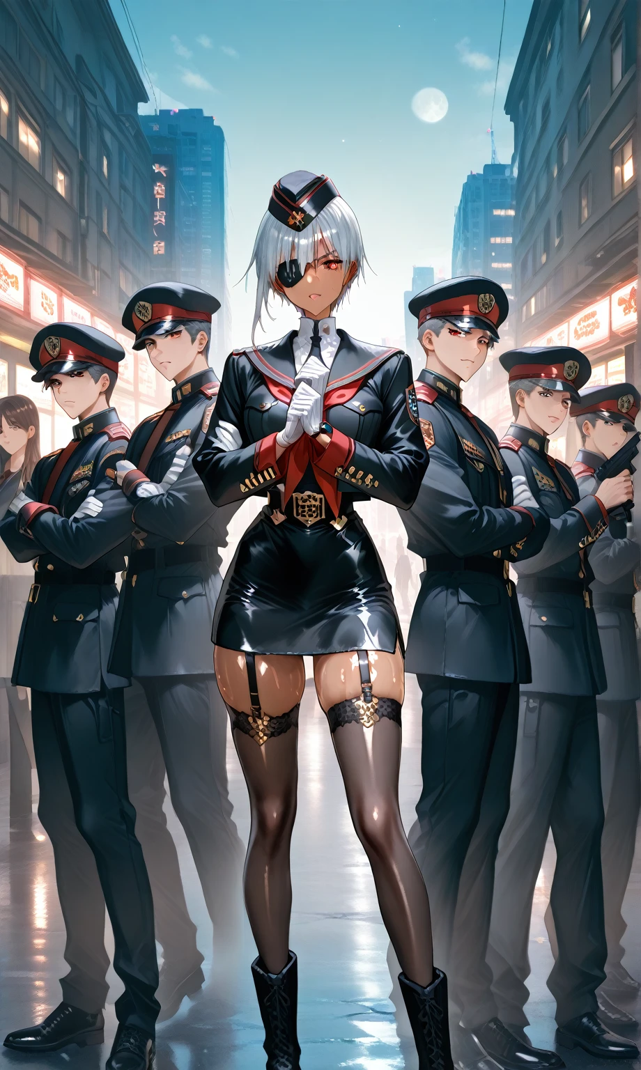 BREAK Perfect Anatomy、(High resolution:1.2)、Incredible illustrations、(Cute illustrations:1.2)
(Beautiful background,(nature,crowd))(,from below,dutch angle)
2gial((blonde hair,shiny hair,hair intakes:1.8,long hair)(doyagao)(a girl,, 1.4meters, 35kg),17-year-old,flat chest))(Black coat,Combat Uniform,SILKthong,garter straps,Eye patch),
((gradient grey hair,shiny hair,hair intakes:1.8,Dark Skin:1.6)(doyagao)(a girl,height 1.7meters, 40kg),,17-year-old))
(Black coat,ゴシック風Combat Uniform,,garter straps,eyepatch:1.8) )
Cosplayer surrounded by people