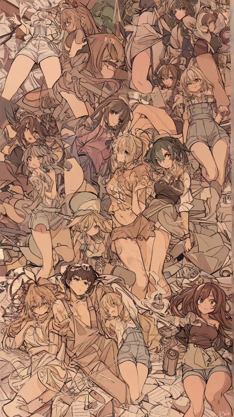 a few cartoon images of the same female character that i'm not sure what this is, a young girl touching her stomach and her breasts, a collection of sketches of several women, two pages show a woman in underwear next to another girl wearing a thongy panties