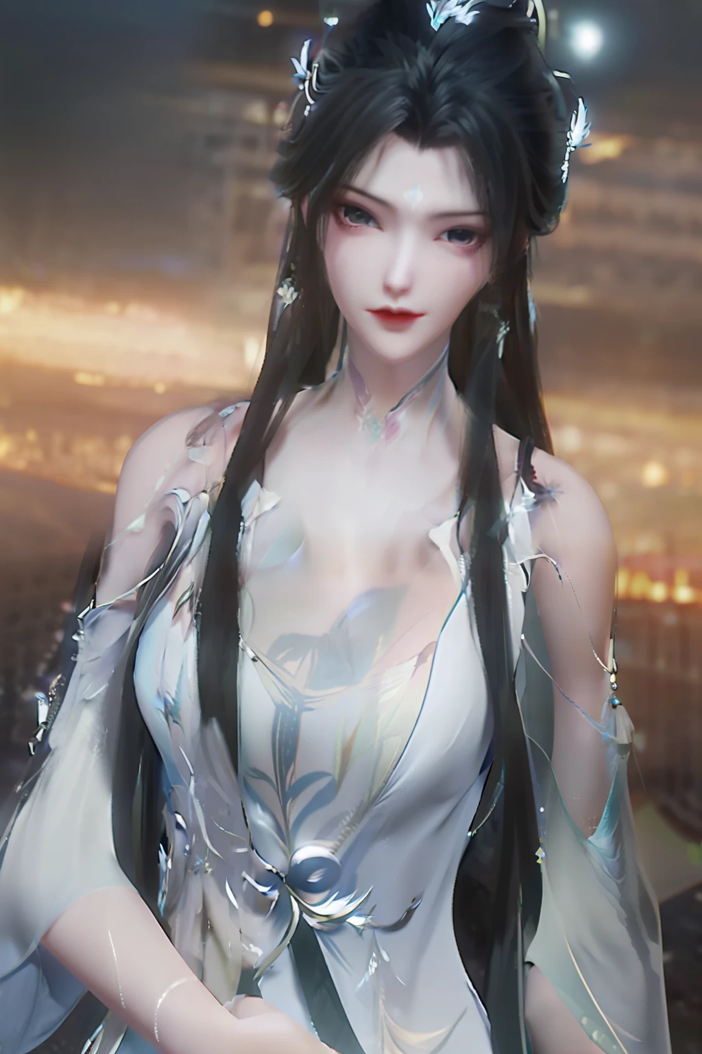 light particles, halo, (bioluminescent:0.95), bioluminescent, piercing glare, vibrant, (((colourful))), color, (glowing, glow),ancient customs, wind blow, blossom, pond, night, moon relection in the pond, reflection light, depth of field, from behind, multiple views, delicated best quality ,masterpiece, illustration, an extremely delicate and beautiful, extremely detailed ,CG ,unity ,8k wallpaper, Amazing, finely detail, masterpiece,best quality,official art,extremely detailed CG unity 8k wallpaper,absurdres, incredibly absurdres, huge filesize , ultra-detailed, highres, extremely detailed,beautiful detailed girl, extremely detailed eyes and face, beautiful detailed eyes,light on face,1girl, (Super realistic), (black hair), (hair over one eye), (single braid hair), (rainbow eyes), ((hair ornament)), ((jewelry)), (hair jewelry), (((describe the arm in detail))), (((Super ))), ((sagging breasts)), ((Plump body)), (thighs), ((Plump )),, (detailed description of hair), ((upper body)), (Bare shoulder), ((collarbone)), (off shoulder), (Shiny skin), (detailed description of face), (Extremely detailed description of the eyes), (detailed description of body), (white and translucent skin), peerless beauty, (extreme beauty), (red lips), (shy ), (seductive smile), ((gothic tia dress)), (every pose),(smiling)
