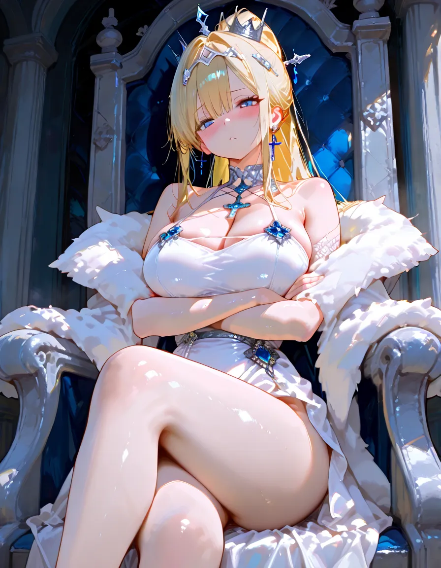 ((Highest quality、High resolution))、Unparalleled beauty、Perfect body、Beautiful and bountiful breasts、long blond、bangs、embellished sexy dress、skirt、Sexually excited expression、Spread your legs、((To sexually seduce))