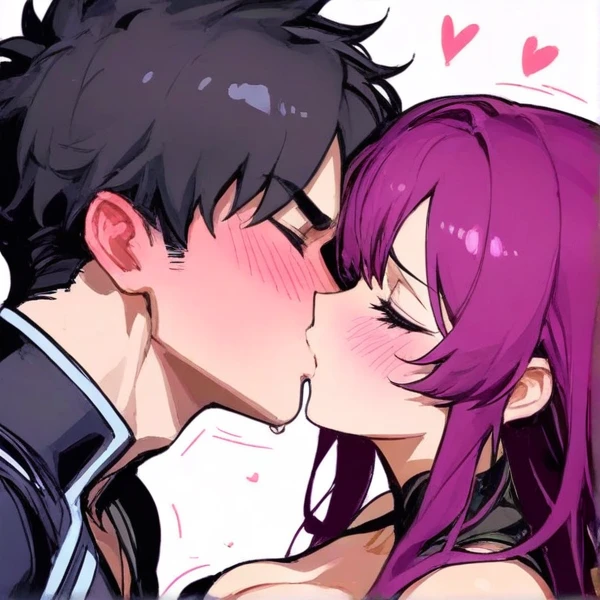 takeda hiromitsu style, sweat, profile, long hair, purple background, hair ornament, 2girls, yuri, purple hair, kiss, faceless, saliva, purple eyes, multiple girls, hairclip,  french kiss, blush<lora:takeda_hiromitsu_style_v2:1>