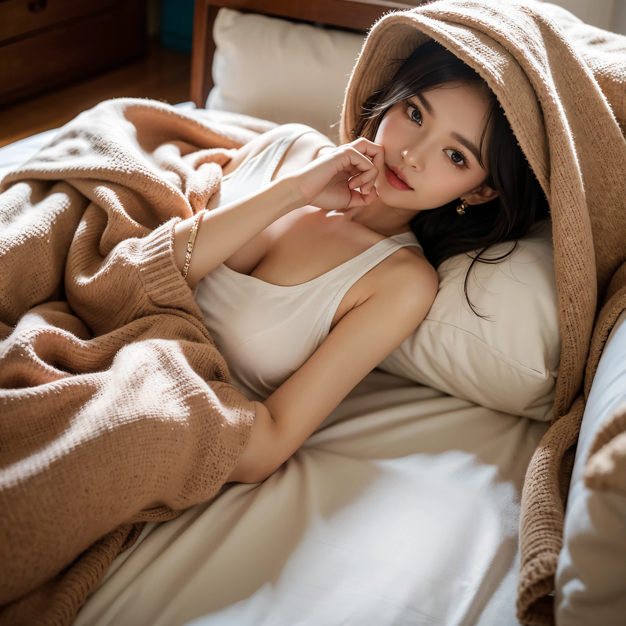 highest quality, Very detailed, figure,
futon, One girl, Realistic, alone, close your eyes, pillow, Sleep, Brown Hair, Lie in, bed, blanket, smile, ~ side, Under the cover, lips, indoor、naked、Large Breasts