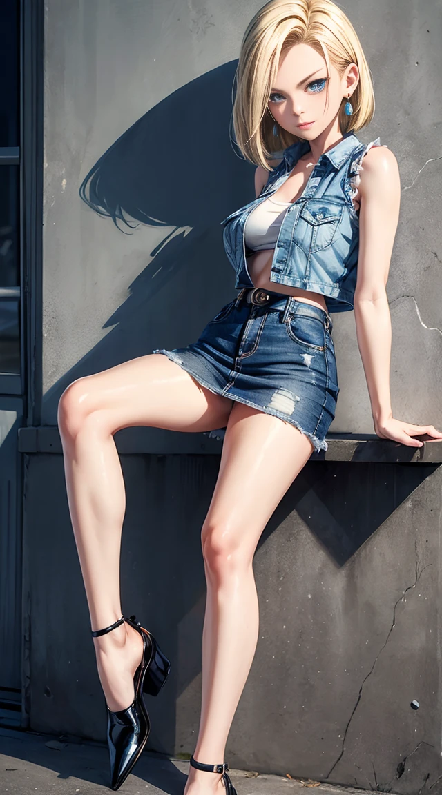 Huge breasts)),Short Bob,((Blonde,blue eyes)), Dawn, sunlight, (Perfect body : 1.0), collar, Lock, Full Body Shot, Long, slender legs, Wearing a black tank top, Jeans jacket, ((Tight denim mini skirt)),(masterpiece), (Highest quality:1.0), (ultra High resolution:1.0), Beautiful lighting , Perfect Lightning,Realistic Shadows, [High resolution], Detailed skin, Highly detailed toes,Put your arms behind your head, Big Breasts, Anime Style