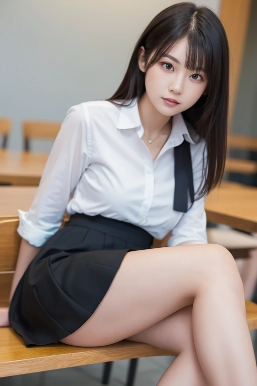 (table top: 1.3), (maximum resolution: 1.2), (Ultra HDTV: 1.2), cinematic light, Ultra HDTV, (fine eyes and skin), (detailed facial features), nffsw, 8K resolution, sharp focus: 1.2, perfect style, beautiful face, Accurate, anatomically correct, Highly detailed face and skin texture, fine eyes, brown eyes, double eyelid, thin eyebrows, glitter eyeliner: 1.2, natural cheeks, Glossy skin, Fair skin: 1.2, small shiny necklace and earrings, (glossy lips: 1.4), break, one person's perspective, in a high school uniform, (attractive face: 1.2), innocent and cute girl, (high ponytail, wavy hair, hair of white and some colors, bangs flowing diagonally), medium long hair, (full body shot: 1.2), focus on face, ((very close relationship: 1.2)), (medium big breasts), (((In the classroom: 1.2)), ((Sitting on the school chair with one's legs crossed:1.4)), (look at me)), From the side,