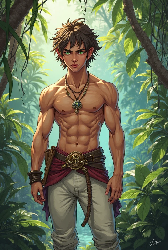 Solo, latin american boy of 19 years old, tan skin, toned, lean, black french crop hair, left eye green, right eye brown, tribal community, standing, arms crossed, front view, leaning his back against a tree, serious, tribal reveling outfit, jungle